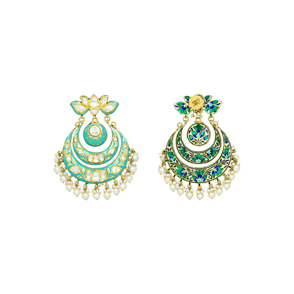 Turquoise Lotus-Inspired Chandbali Earrings with Polkis and Pearls